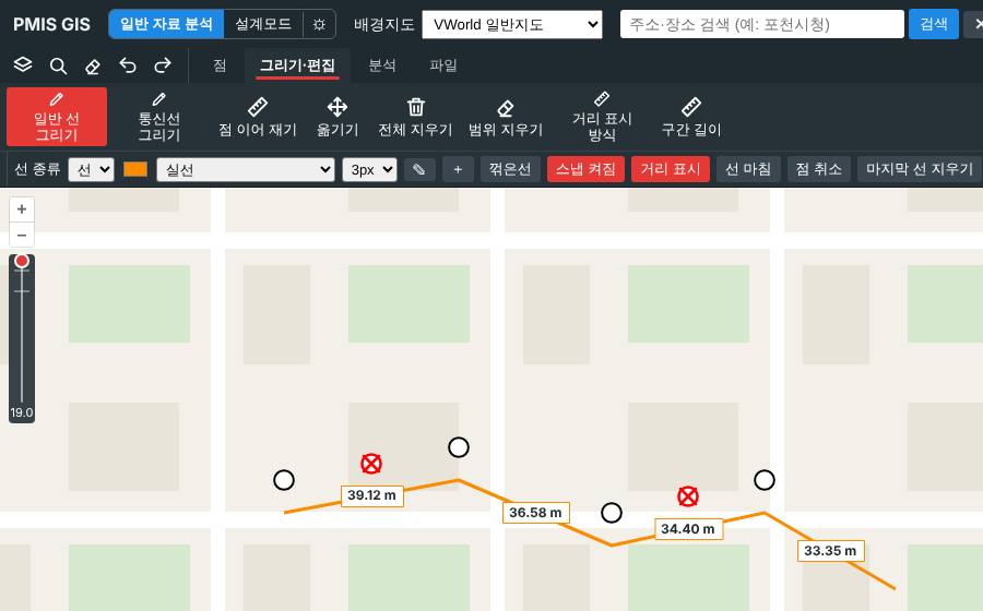 선 그리기와 거리 표시